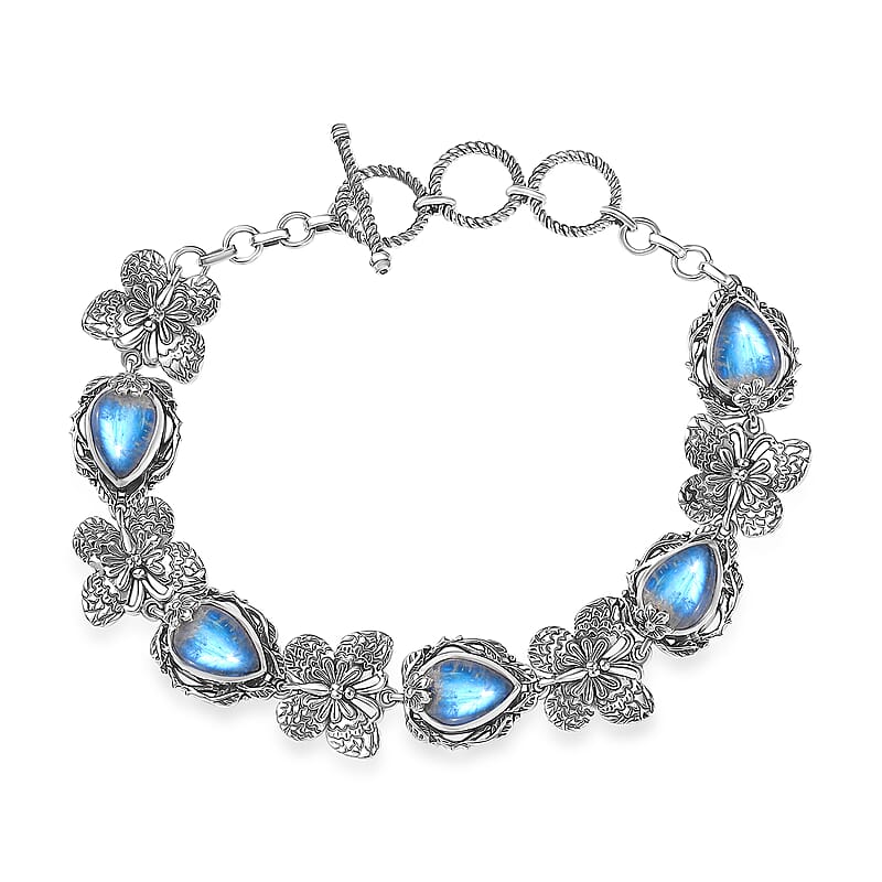 D'Joy Indian Artisan Crafted Premium Rainbow Moonstone 10.10 ctw Mystic Butterfly Bracelet Sterling Silver (6.50-8.0In)