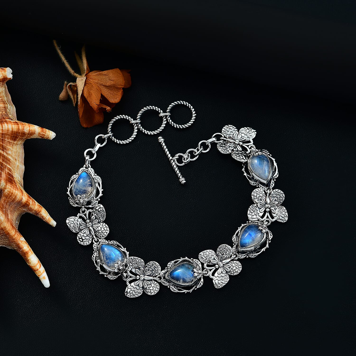 D'Joy Indian Artisan Crafted Premium Rainbow Moonstone 10.10 ctw Mystic Butterfly Bracelet Sterling Silver (6.50-8.0In)
