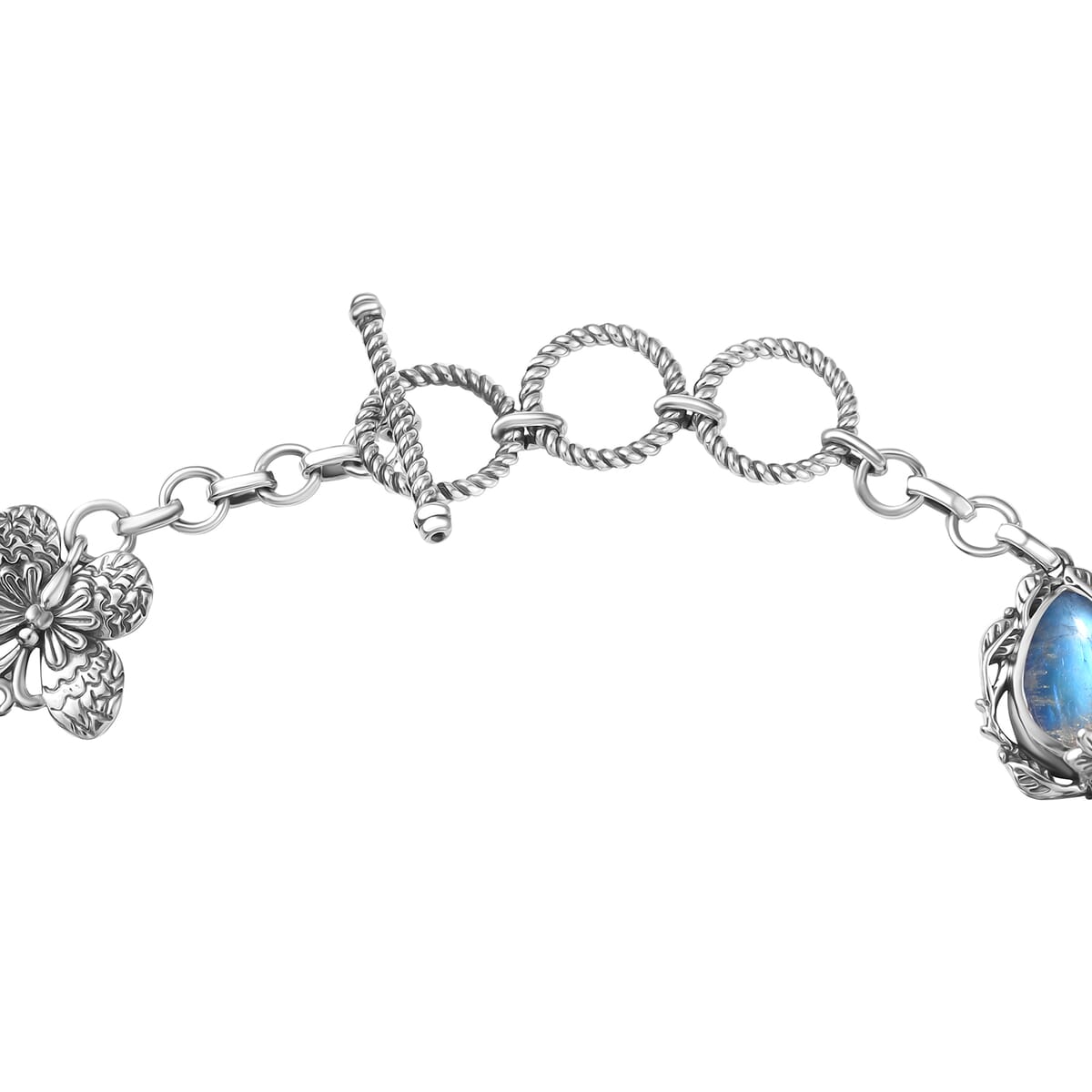 Indian Artisan Crafted Premium Rainbow Moonstone 10.10 ctw Mystic Butterfly Bracelet Sterling Silver (6.50-8.0In) image number 3