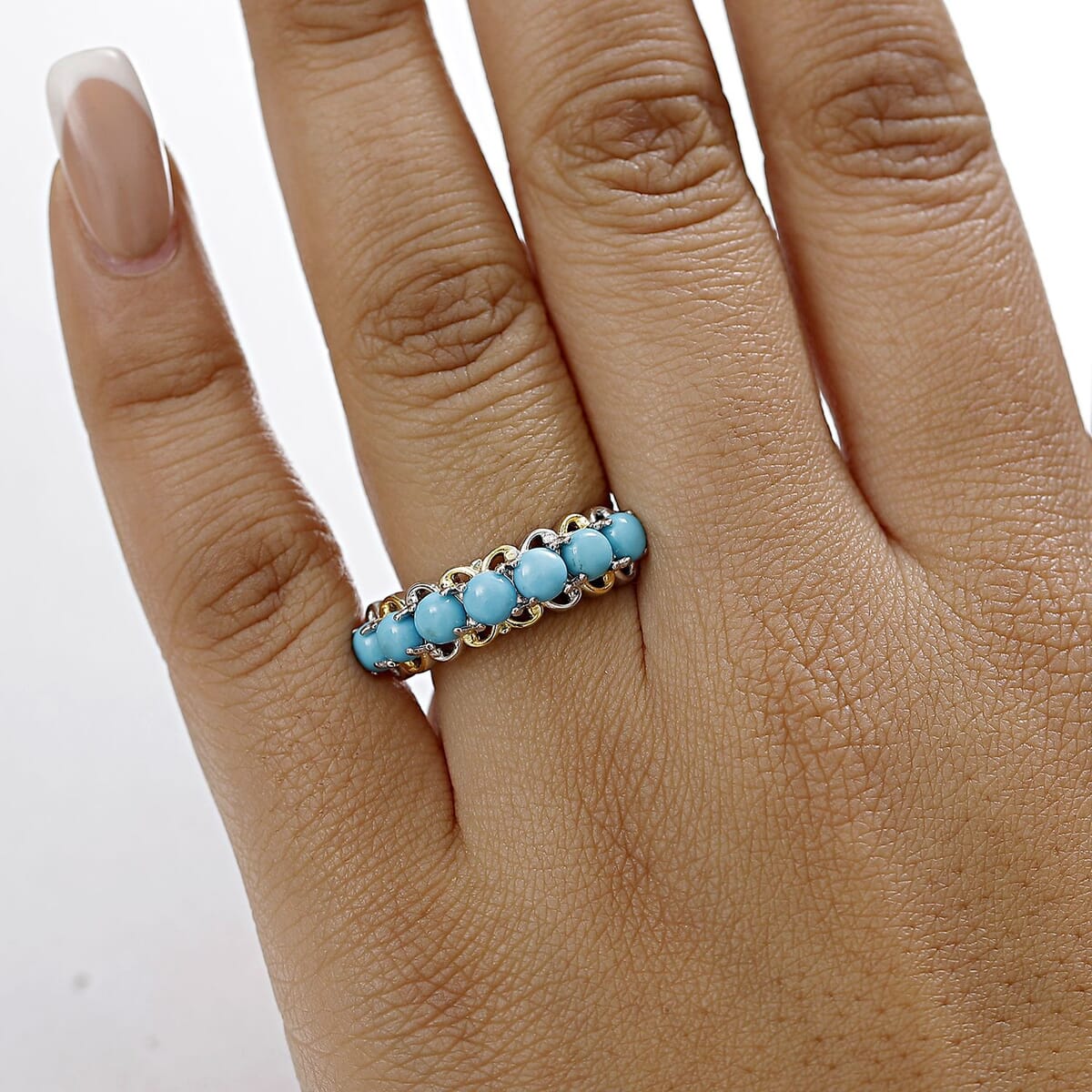 Karis Premium Sleeping Beauty Turquoise 2.00 ctw 7 Stone Ring in 18K YG Plated and Platinum Bond (Size  5.0) image number 2