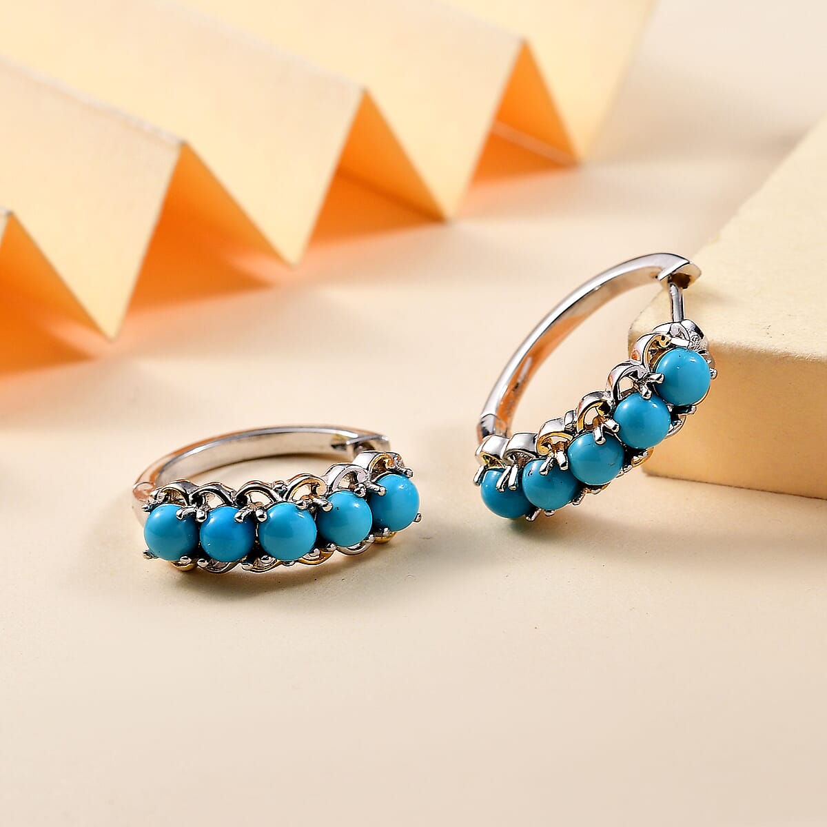 Karis Premium Sleeping Beauty Turquoise 2.86 ctw Hoop Earrings in 14K YG Plated and Platinum Bond image number 1