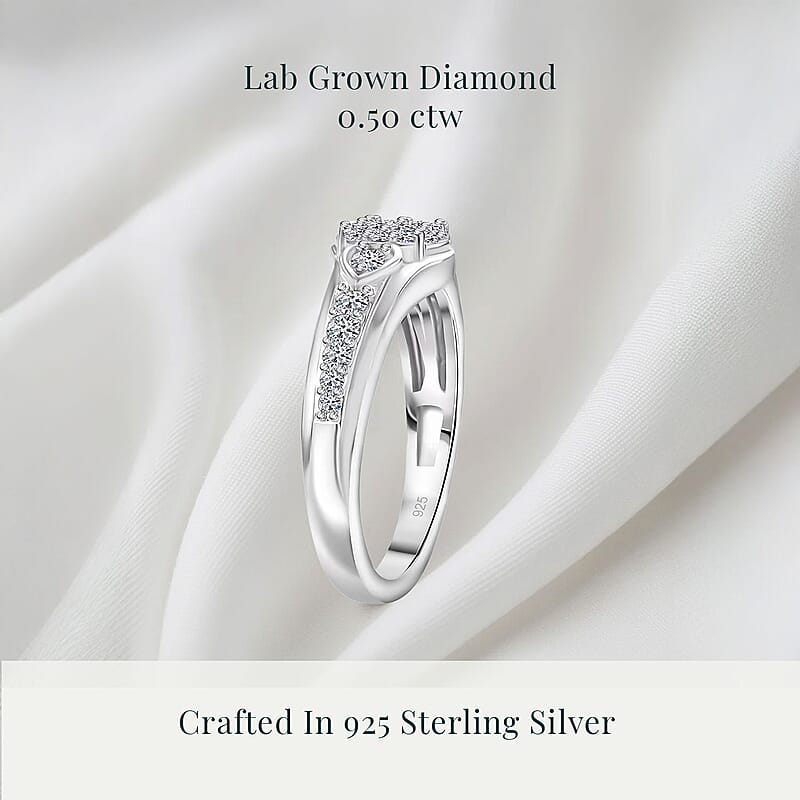 Luxuriant Lab Grown Diamond G-H SI 0.50 ctw Floral Ring in Rhodium Over Sterling Silver (Size 10.0)