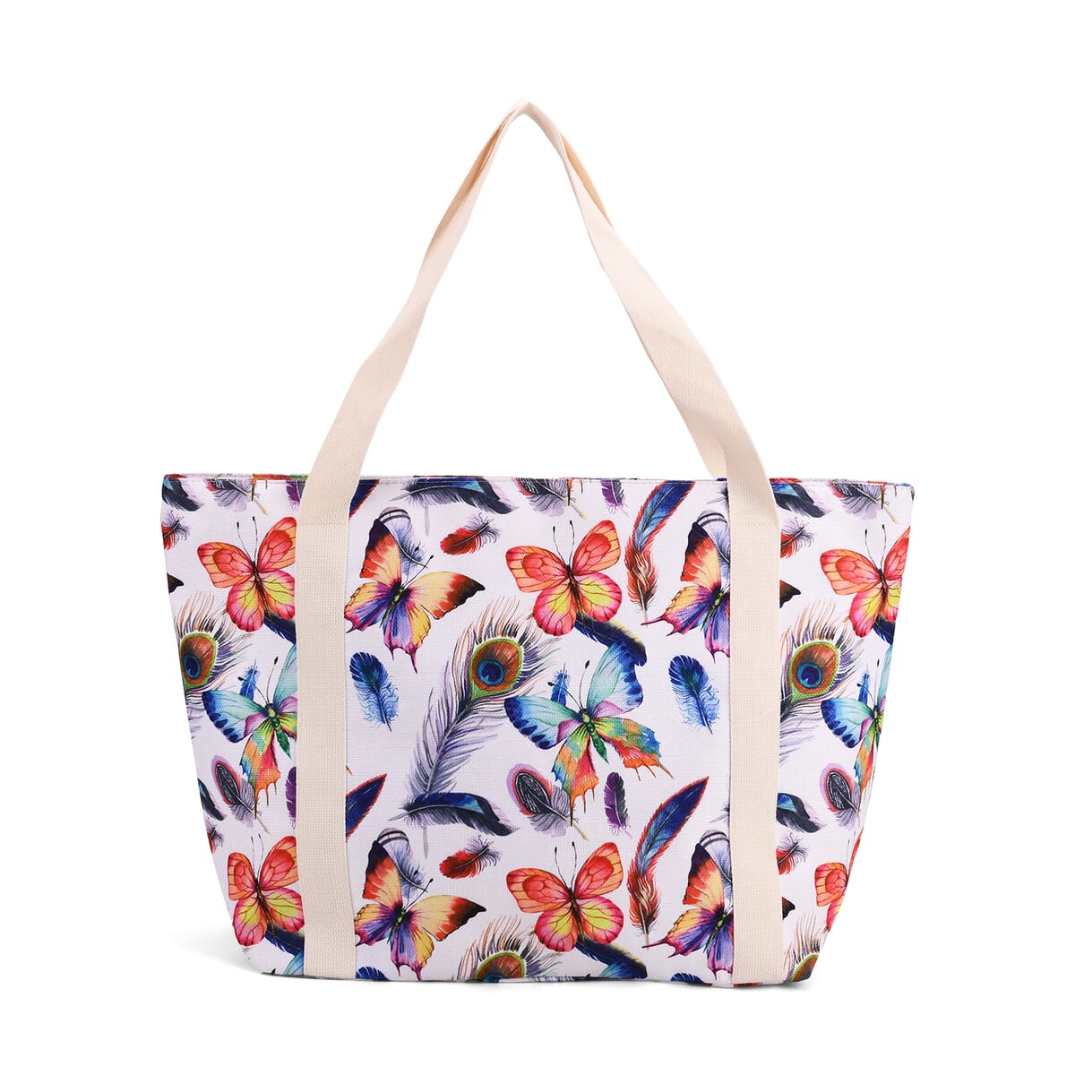 Multi Color Butterfly with Feather Print Pattern Large Size Tote Bag image number 0