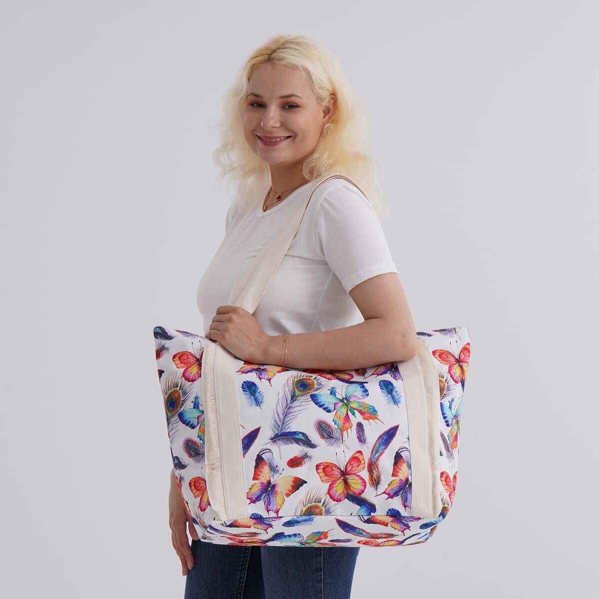 Multi Color Butterfly with Feather Print Pattern Large Size Tote Bag image number 1