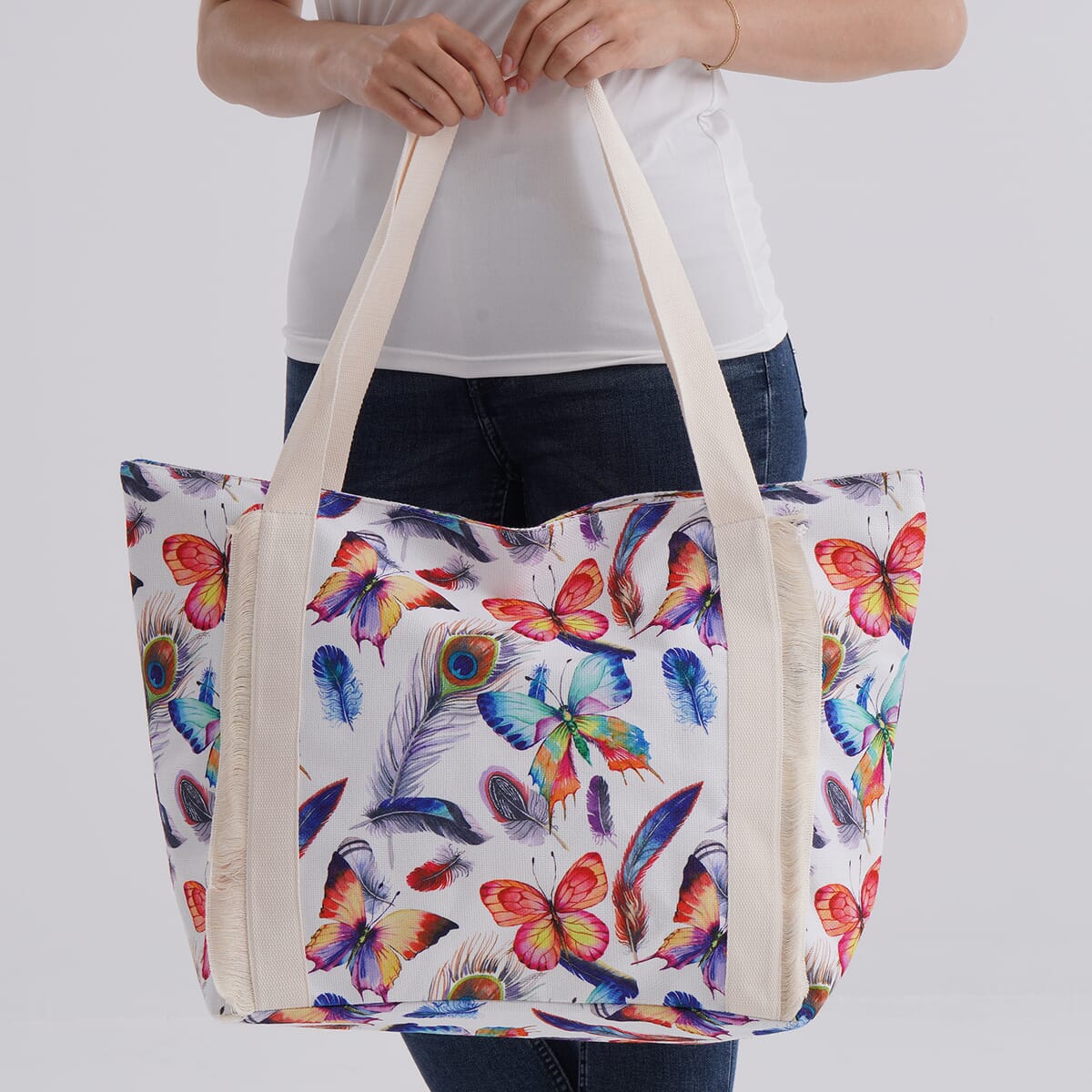 Multi Color Butterfly with Feather Print Pattern Large Size Tote Bag image number 2