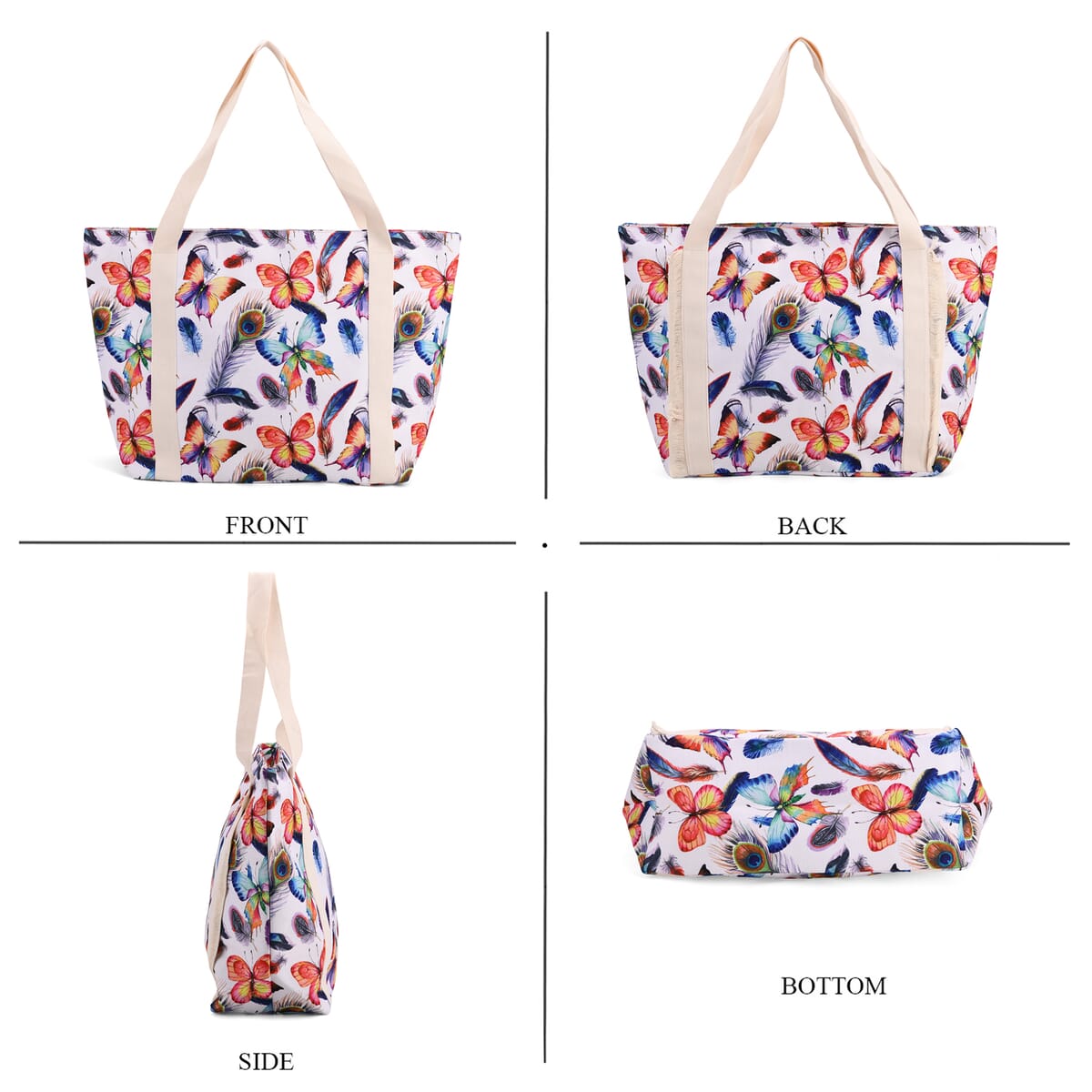 Multi Color Butterfly with Feather Print Pattern Large Size Tote Bag image number 3
