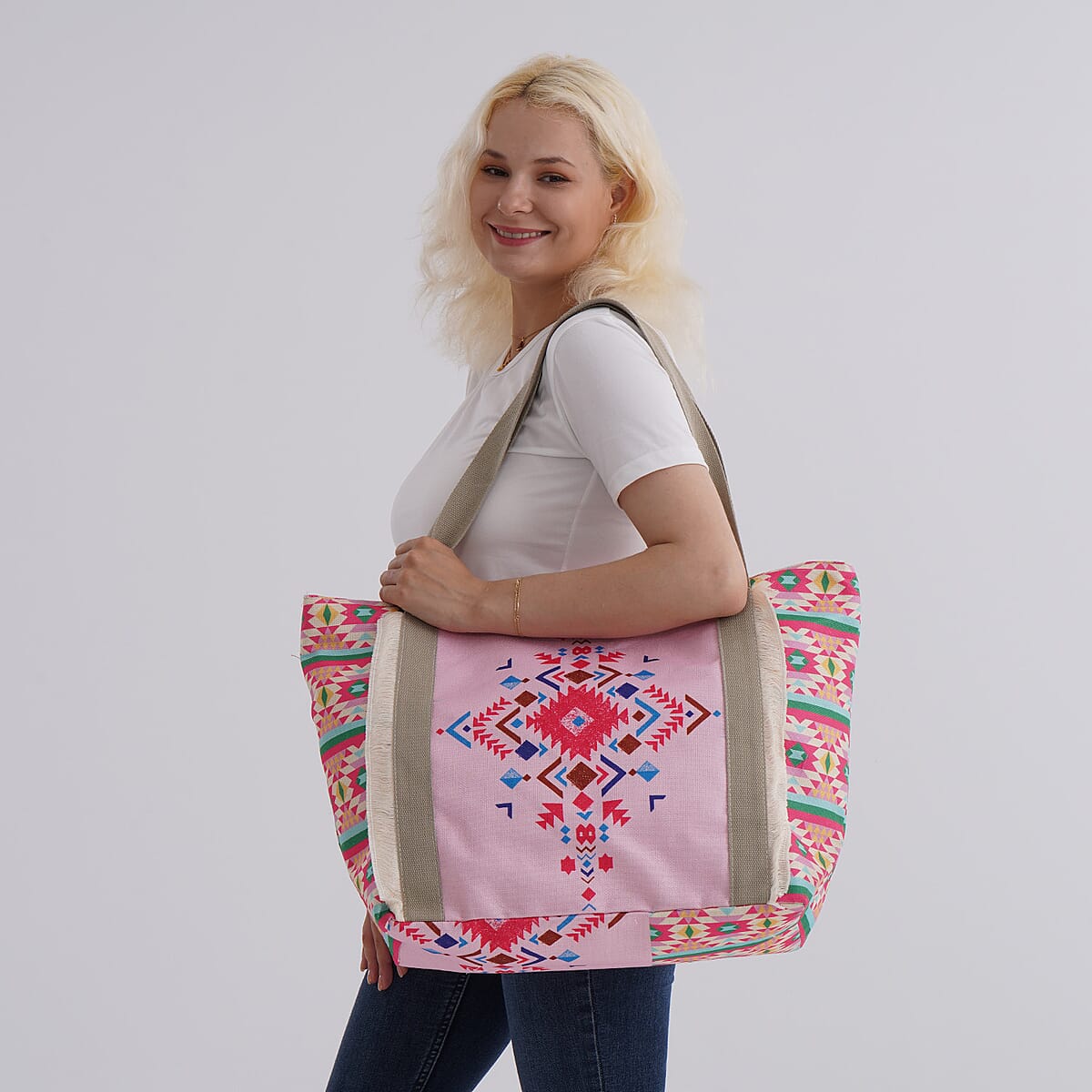 Pink Ethnic Style Print Pattern Large Size Tote Bag image number 1