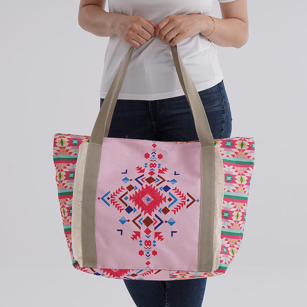 Pink Ethnic Style Print Pattern Large Size Tote Bag image number 2