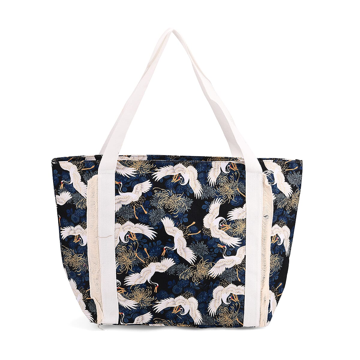 White Crane Print Pattern Large Size Tote Bag image number 0