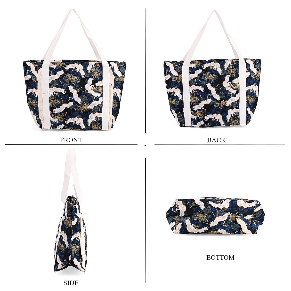 White Crane Print Pattern Large Size Tote Bag image number 3
