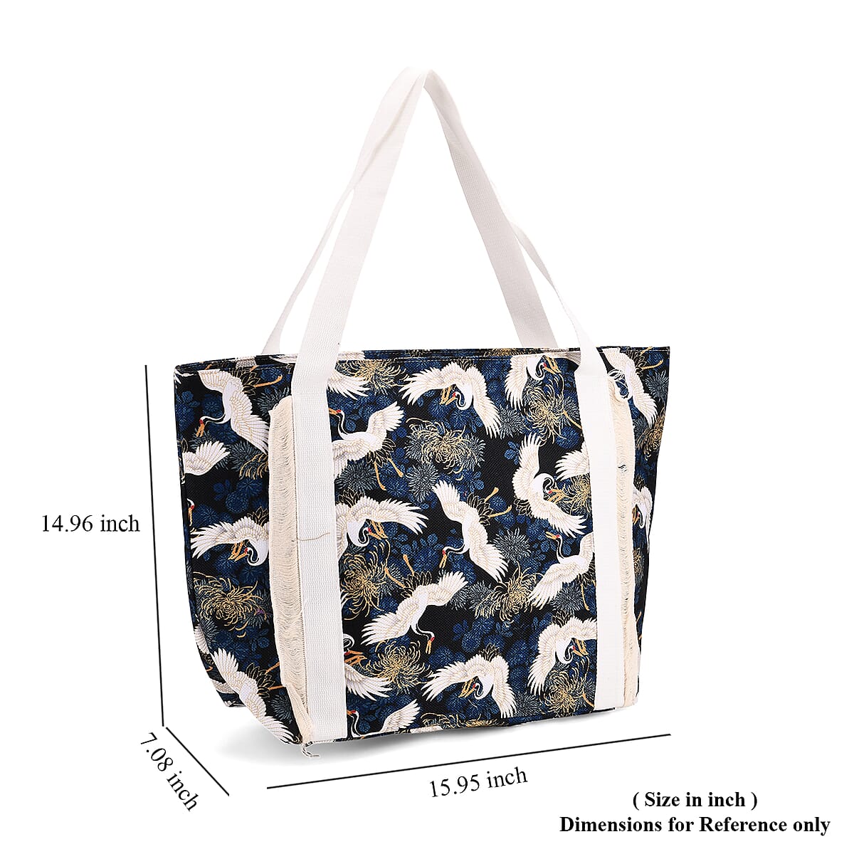 White Crane Print Pattern Large Size Tote Bag image number 6
