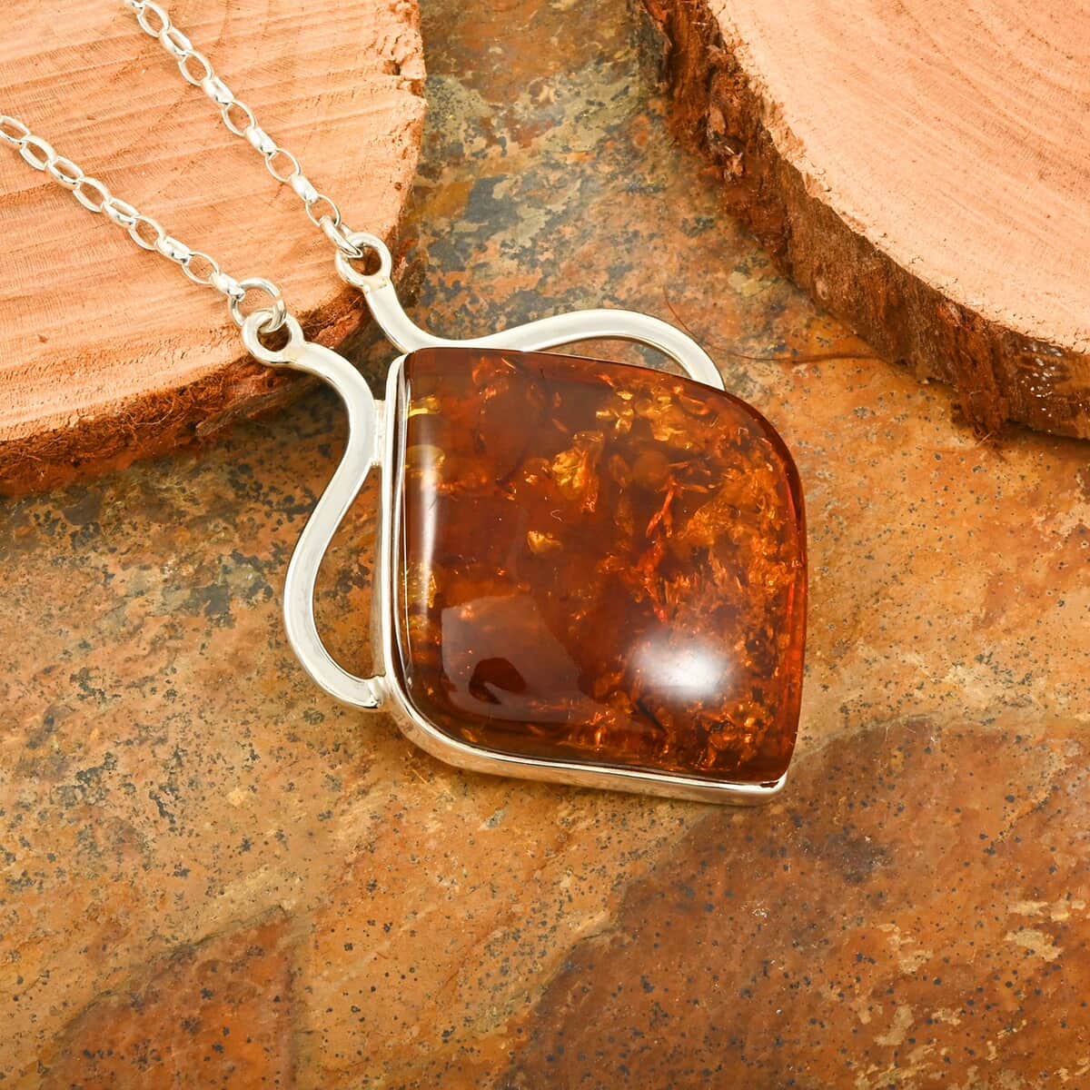 Baltic Amber Fancy Shape Necklace in Sterling Silver 21 Inches image number 1