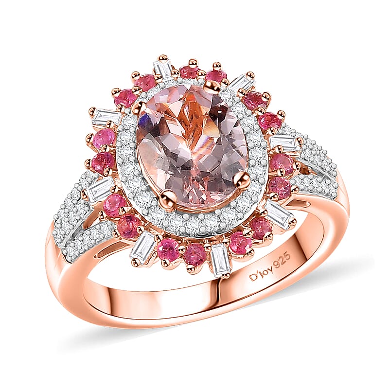 D'Joy Pink Morganite and Multi Gemstone 2.50 ctw Floral Ring in 18K Vermeil Rose Gold Over Sterling Silver (Size  10.0)