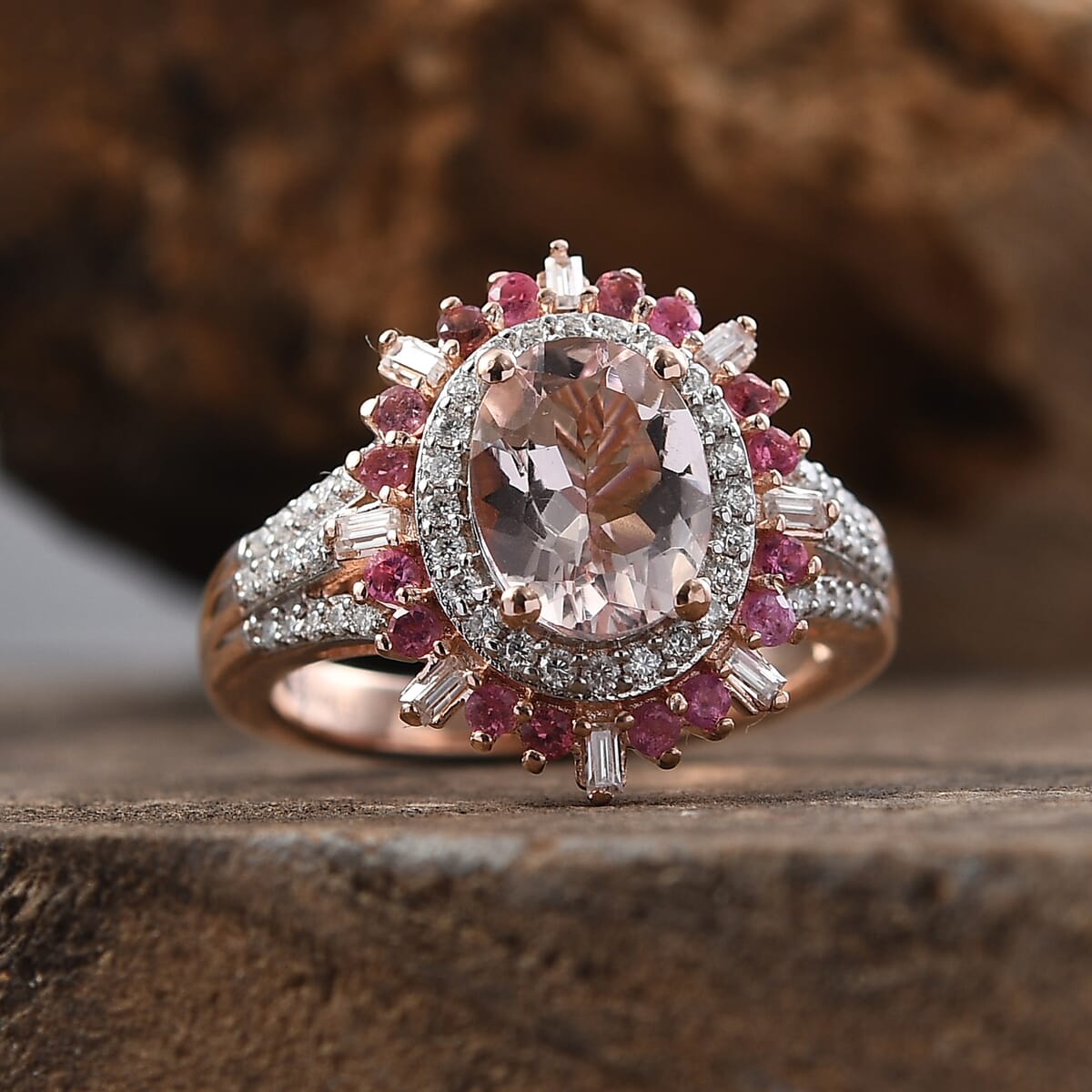 Pink Morganite and Multi Gemstone 2.50 ctw Floral Ring in 18K Vermeil Rose Gold Over Sterling Silver (Size  10.0) image number 1