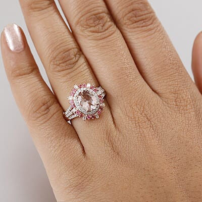 D'Joy Pink Morganite and Multi Gemstone 2.50 ctw Floral Ring in 18K Vermeil Rose Gold Over Sterling Silver (Size  10.0)
