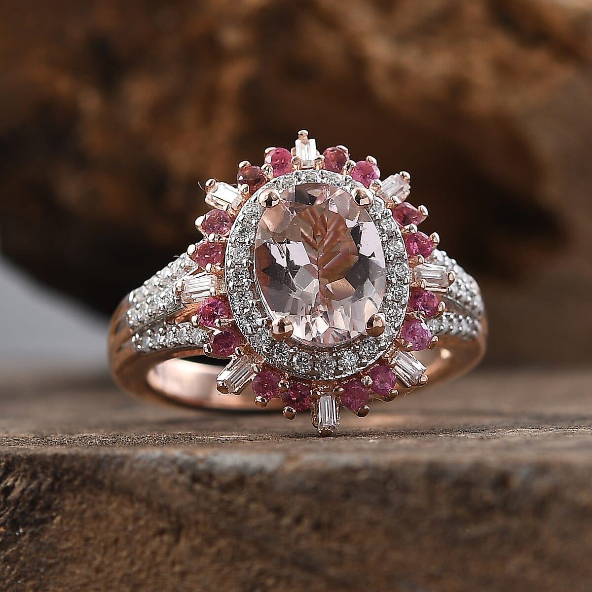 Pink Morganite and Multi Gemstone 2.50 ctw Floral Ring in 18K Vermeil Rose Gold Over Sterling Silver (Size  6.0) image number 1