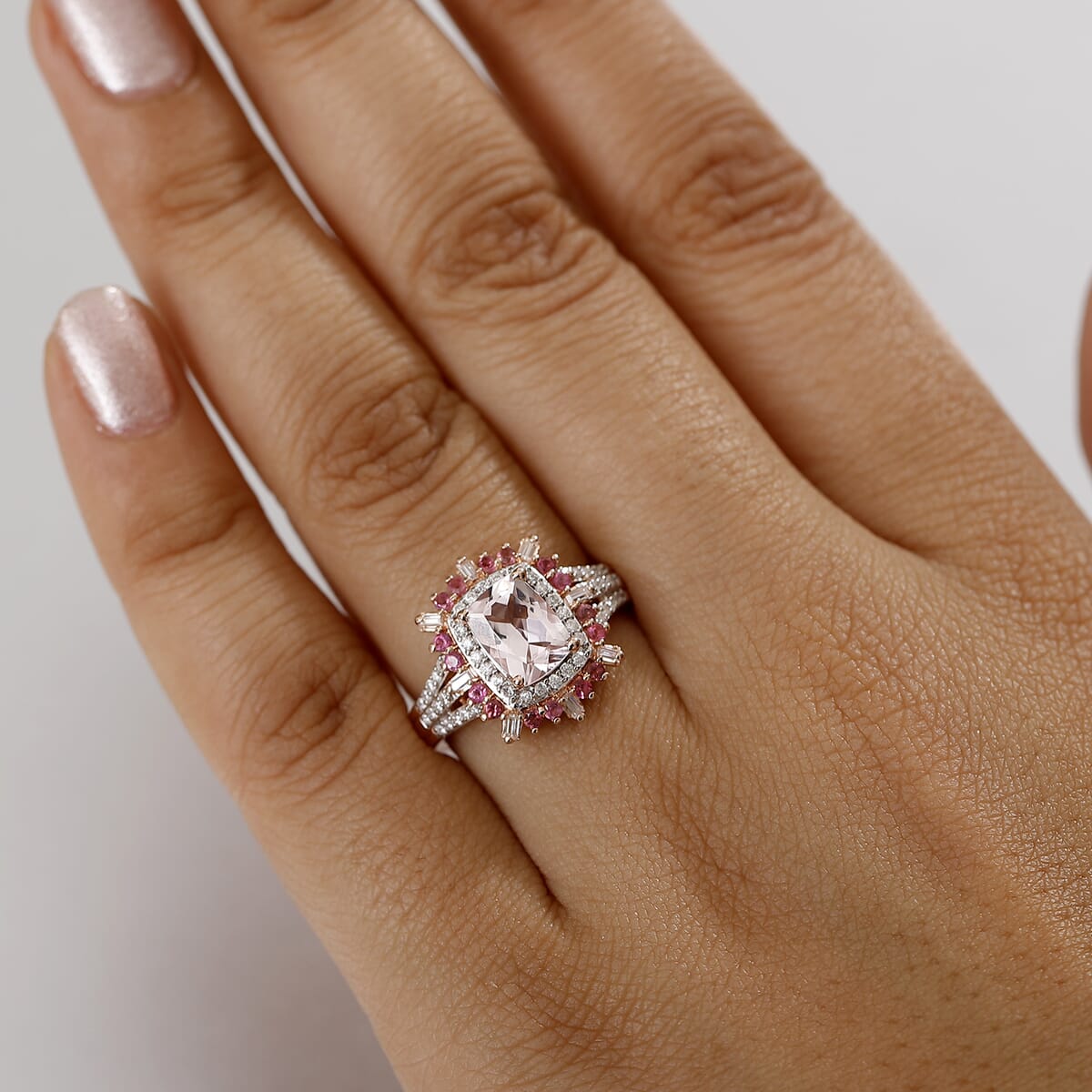 Pink Morganite and Multi Gemstone 2.10 ctw Floral Ring in 18K Vermeil Rose Gold Over Sterling Silver (Size  10.0) image number 2