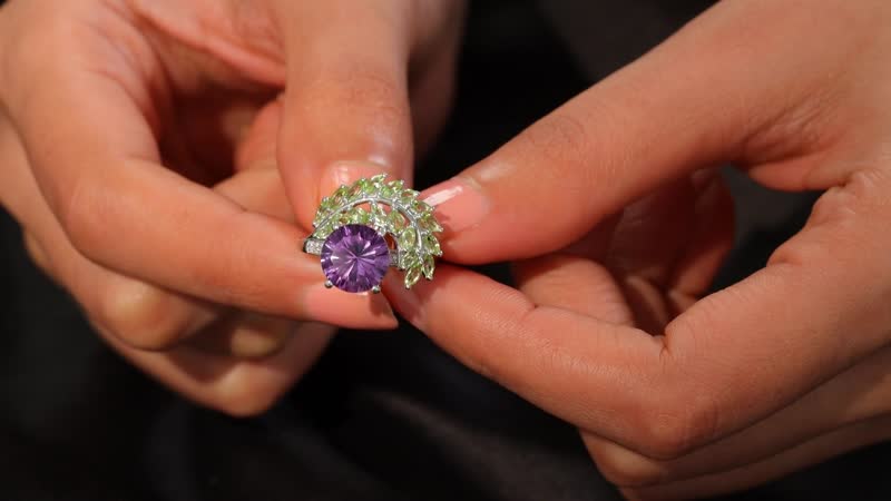 Concave Cut AAA Rose De France Amethyst, Multi Gemstone Leaf Ring in Rhodium Over Sterling Silver (Size 6.0) 5.35 ctw