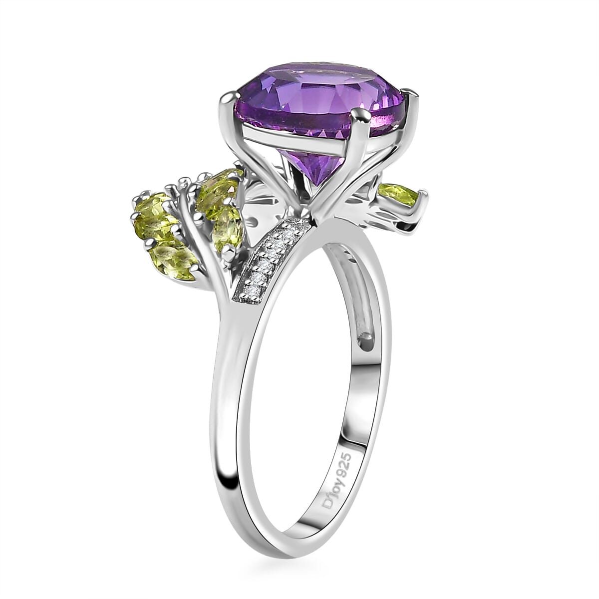 Concave Cut AAA Rose De France Amethyst and Multi Gemstone 5.35 ctw Leaf Ring in Rhodium Over Sterling Silver (Size 6.0) image number 3