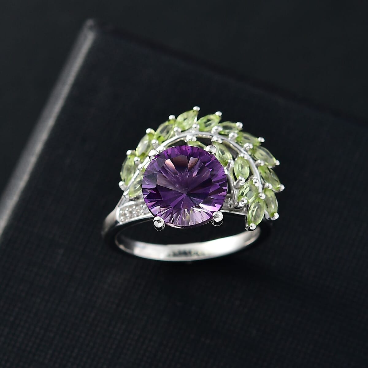 Concave Cut AAA Rose De France Amethyst and Multi Gemstone 5.35 ctw Leaf Ring in Rhodium Over Sterling Silver (Size 7.0) image number 1