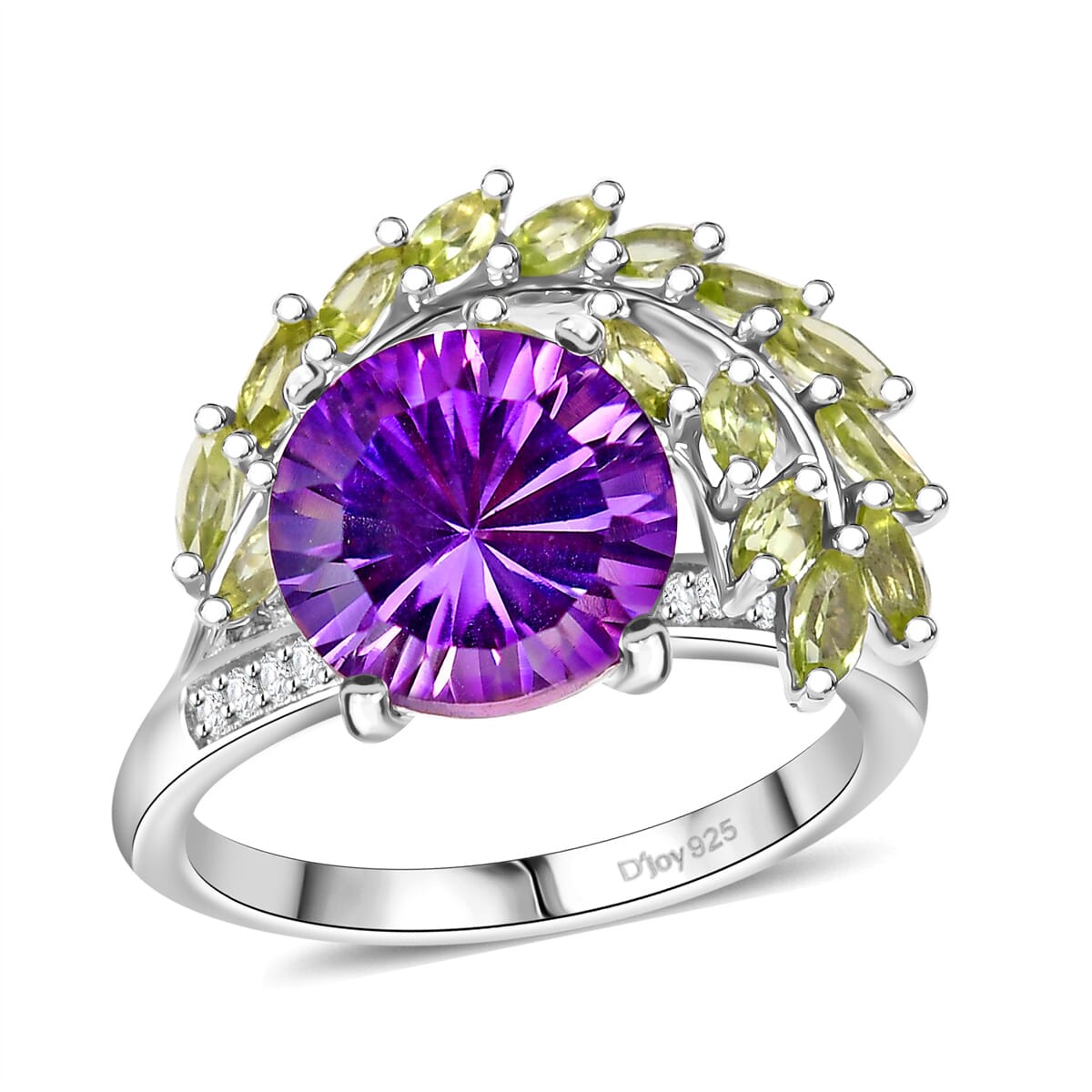 Concave Cut AAA Rose De France Amethyst and Multi Gemstone 5.35 ctw Leaf Ring in Rhodium Over Sterling Silver (Size 8.0) image number 0