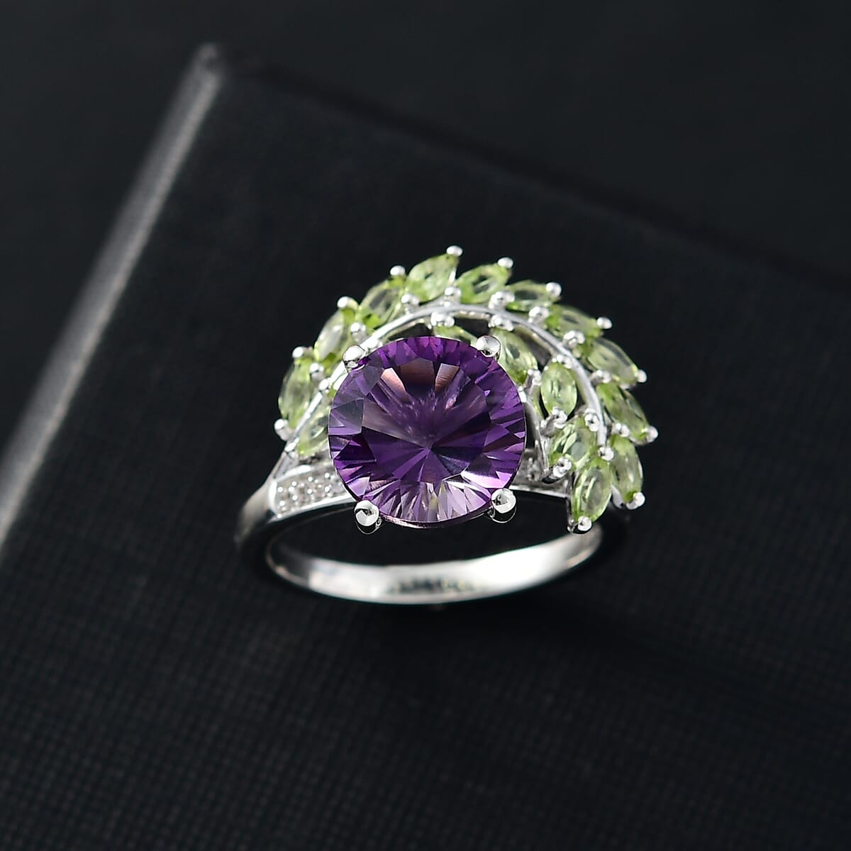 Concave Cut AAA Rose De France Amethyst and Multi Gemstone 5.35 ctw Leaf Ring in Rhodium Over Sterling Silver (Size 8.0) image number 1