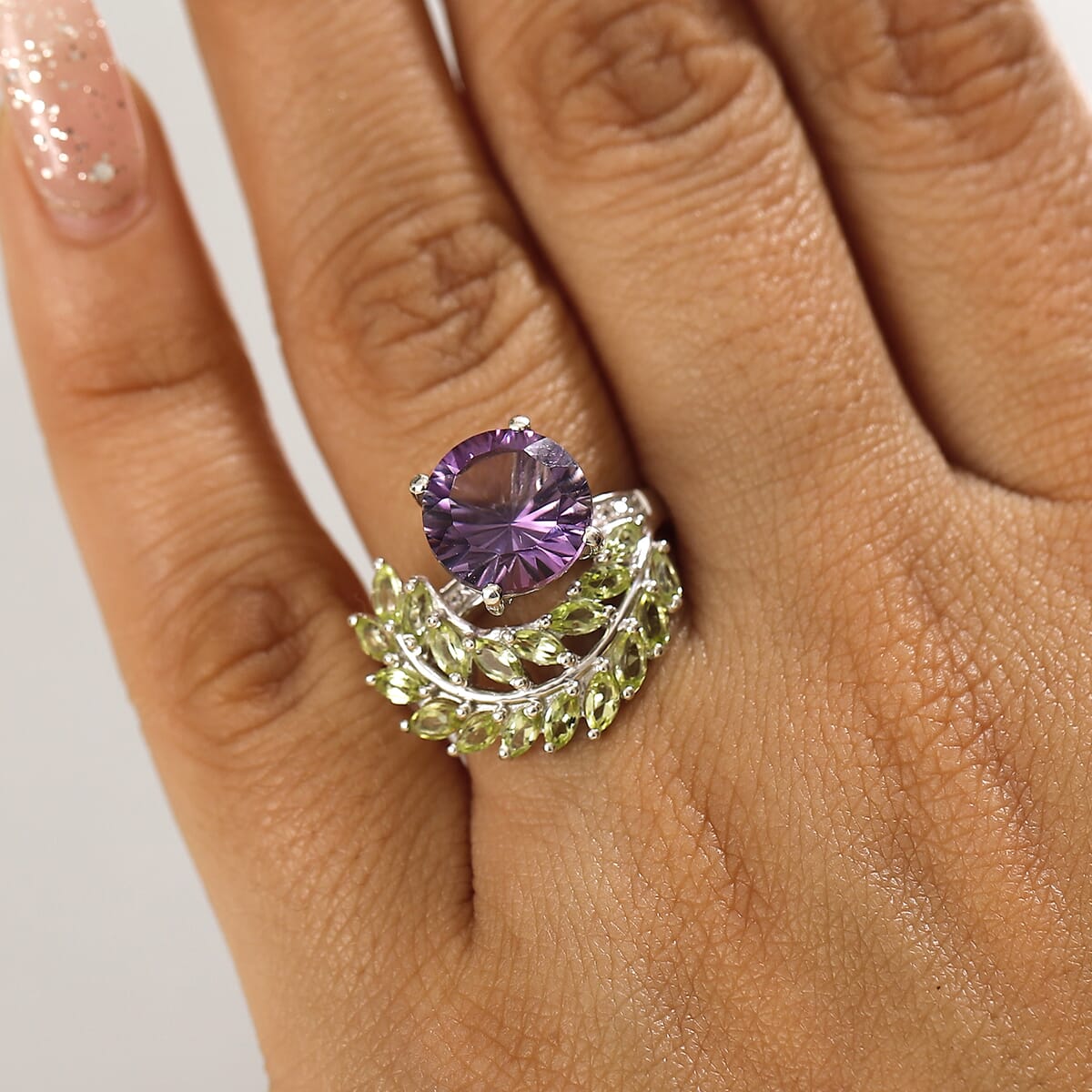 Concave Cut AAA Rose De France Amethyst and Multi Gemstone 5.35 ctw Leaf Ring in Rhodium Over Sterling Silver (Size 8.0) image number 2
