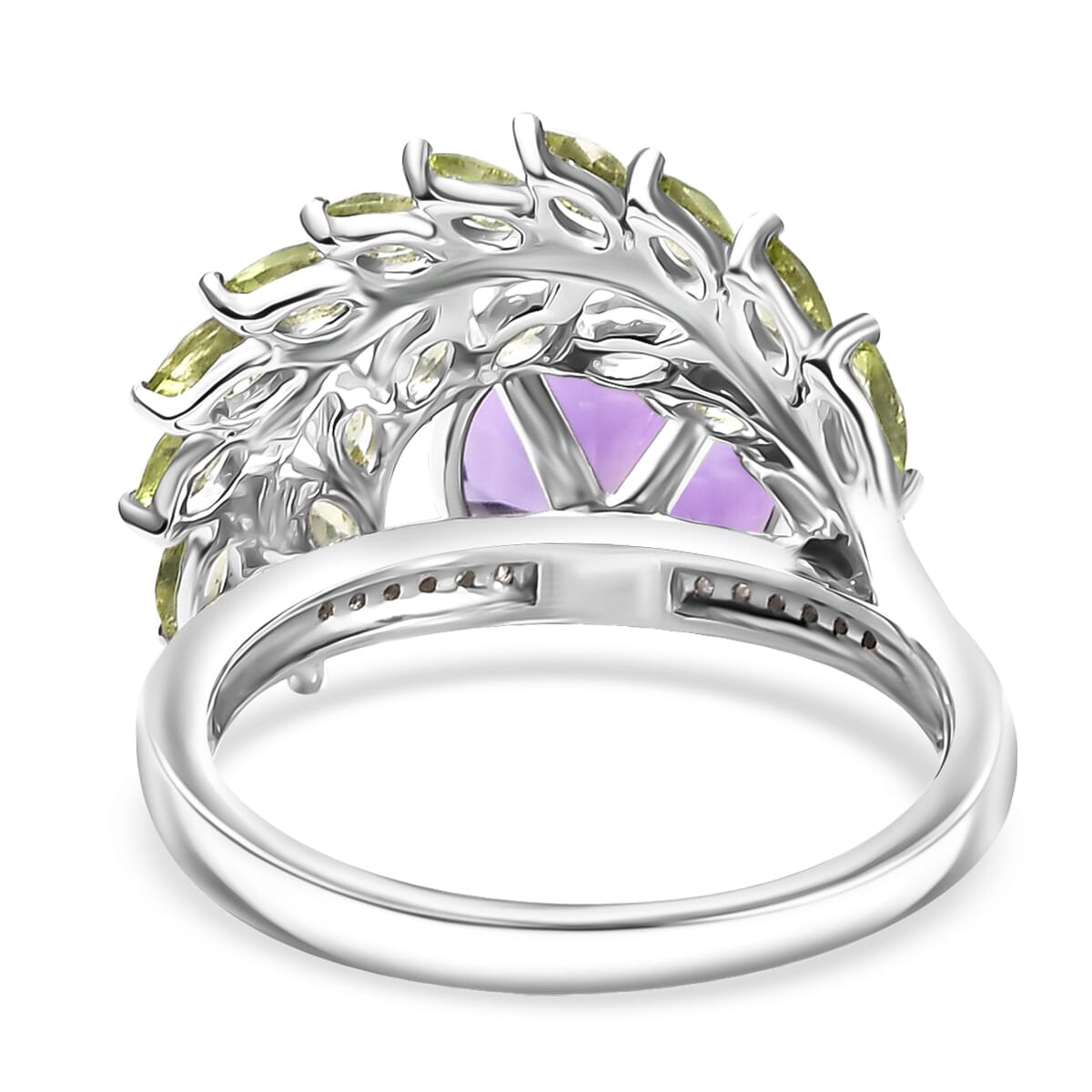 Concave Cut AAA Rose De France Amethyst and Multi Gemstone 5.35 ctw Leaf Ring in Rhodium Over Sterling Silver (Size 8.0) image number 4