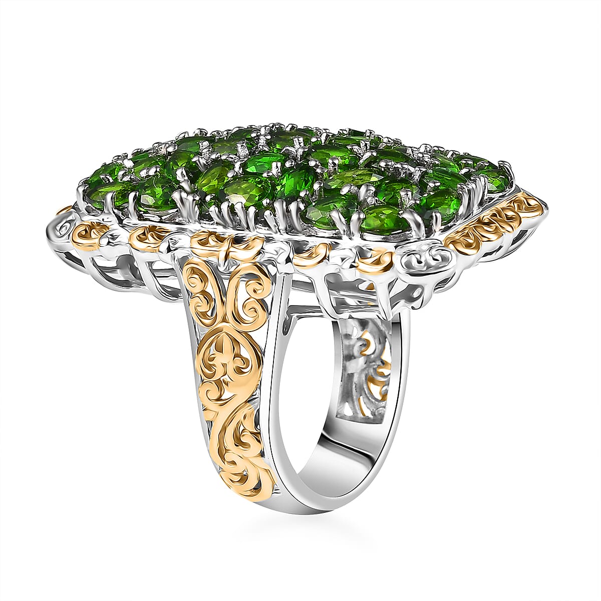 D'Joy Chrome Diopside 6.50 ctw Victorian Era Ring in 18K Vermeil YG and Rhodium Over Sterling Silver (Size 5.0) image number 3