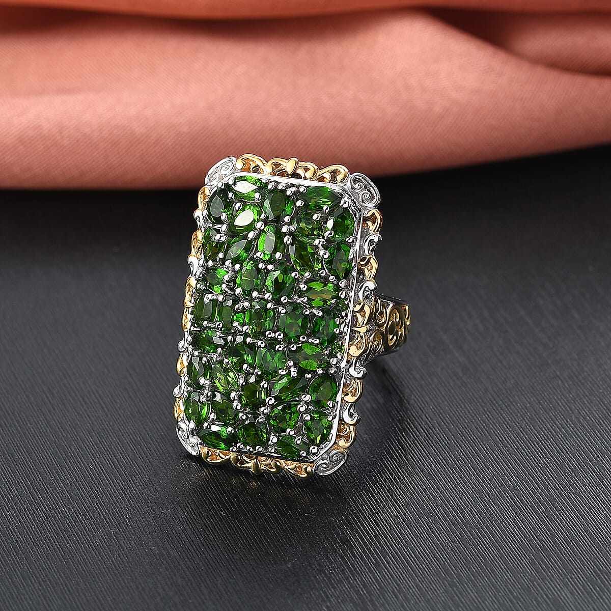 D'Joy Chrome Diopside 6.50 ctw Victorian Era Ring in 18K Vermeil YG and Rhodium Over Sterling Silver (Size 7.0) image number 1