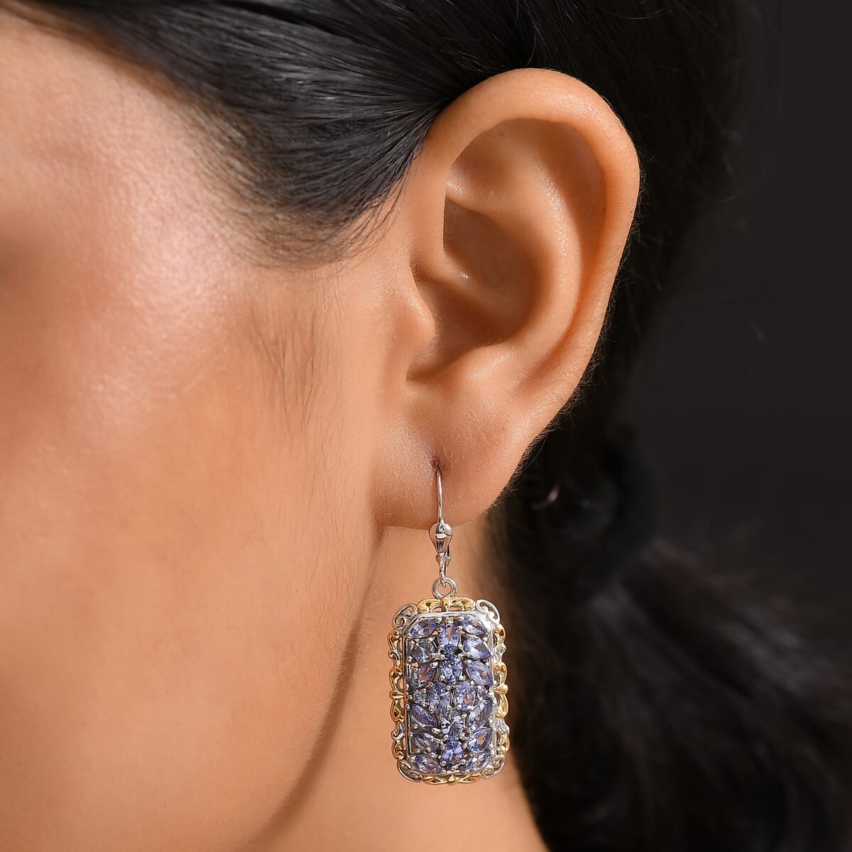 D'Joy Tanzanite 5.00 ctw Lever Back Earrings in YG and Rhodium Over Sterling Silver image number 2