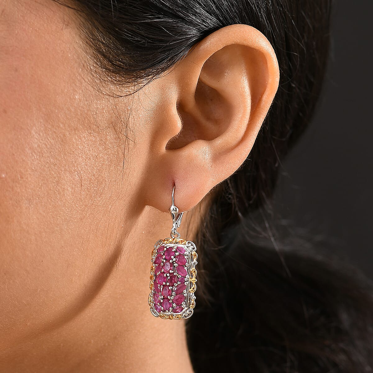 D'Joy Niassa Ruby (FF) 7.00 ctw Victorian Era Earrings in 18K Vermeil YG and Rhodium Over Sterling Silver image number 2