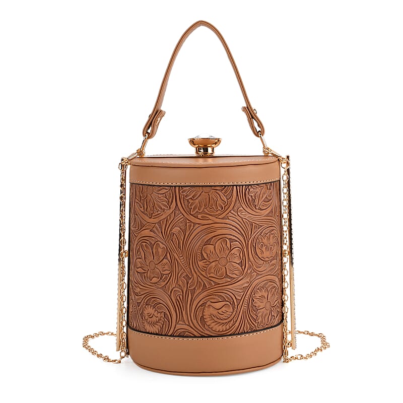 Brown Flower Embossed Faux Leather Cylinder Clutch Bag with Shoulder Strap