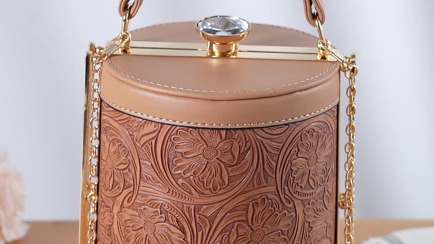 Brown Flower Embossed Faux Leather Cylinder Clutch Bag with Shoulder Strap