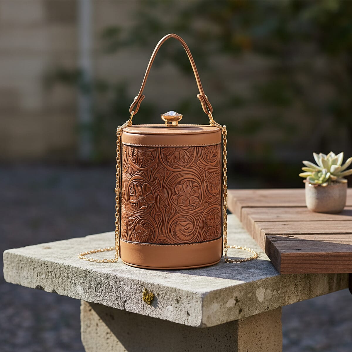 Doorbuster Brown Flower Embossed Faux Leather Cylinder Clutch Bag with Shoulder Strap image number 1