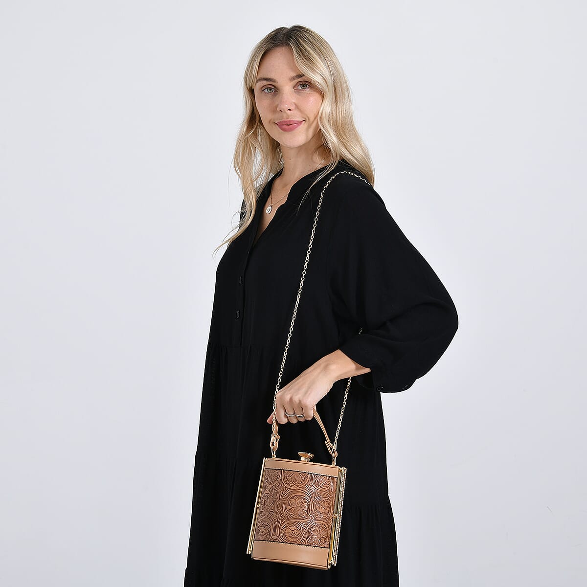 Doorbuster Brown Flower Embossed Faux Leather Cylinder Clutch Bag with Shoulder Strap image number 2