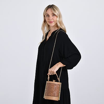 Brown Flower Embossed Faux Leather Cylinder Clutch Bag with Shoulder Strap