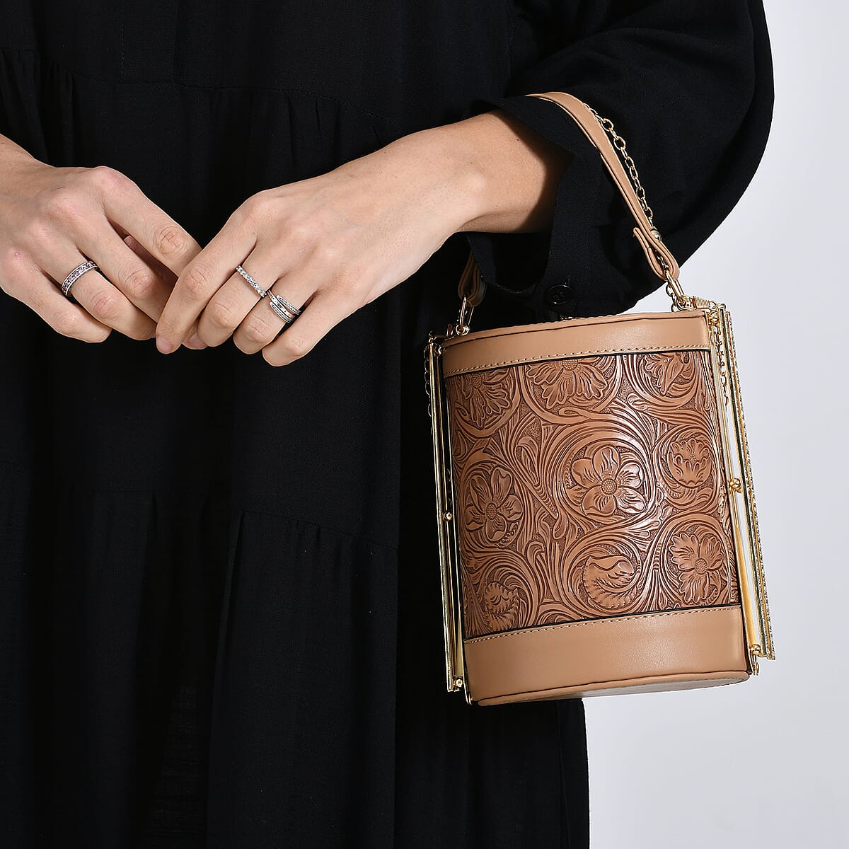 Doorbuster Brown Flower Embossed Faux Leather Cylinder Clutch Bag with Shoulder Strap image number 3