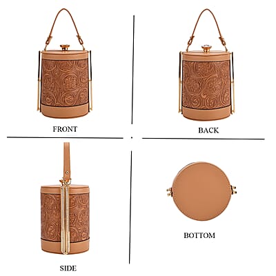 Brown Flower Embossed Faux Leather Cylinder Clutch Bag with Shoulder Strap