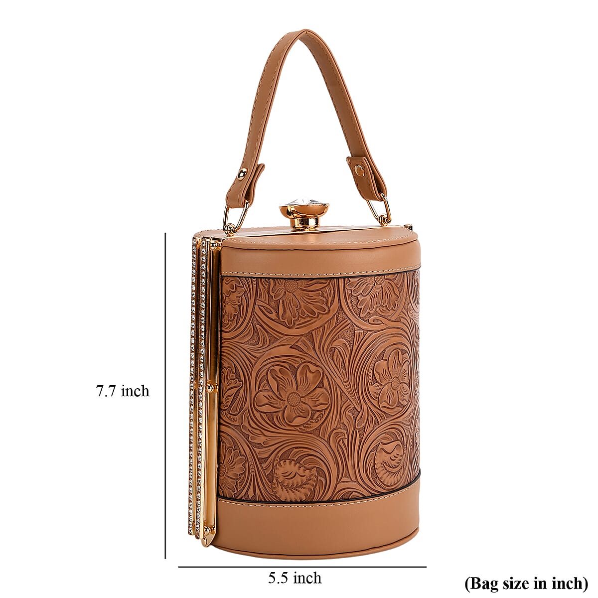 Doorbuster Brown Flower Embossed Faux Leather Cylinder Clutch Bag with Shoulder Strap image number 6