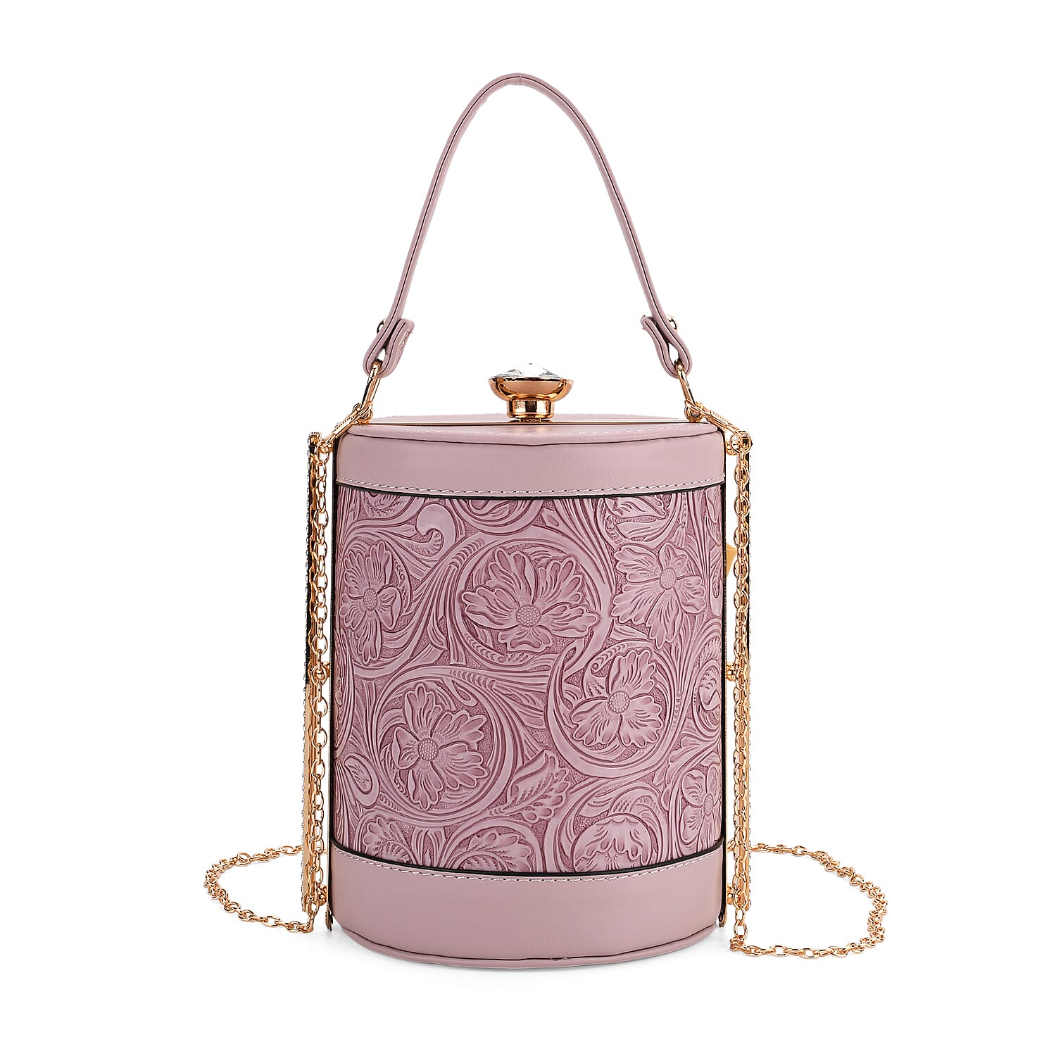 Brown Flower Embossed Faux Leather Cylinder Clutch Bag with Shoulder Strap