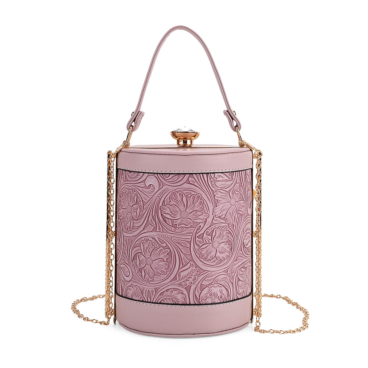 Purple Flower Embossed Faux Leather Cylinder Clutch Bag with Shoulder Strap image number 0