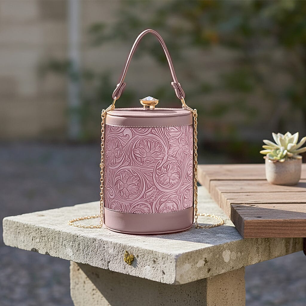 Purple Flower Embossed Faux Leather Cylinder Clutch Bag with Shoulder Strap