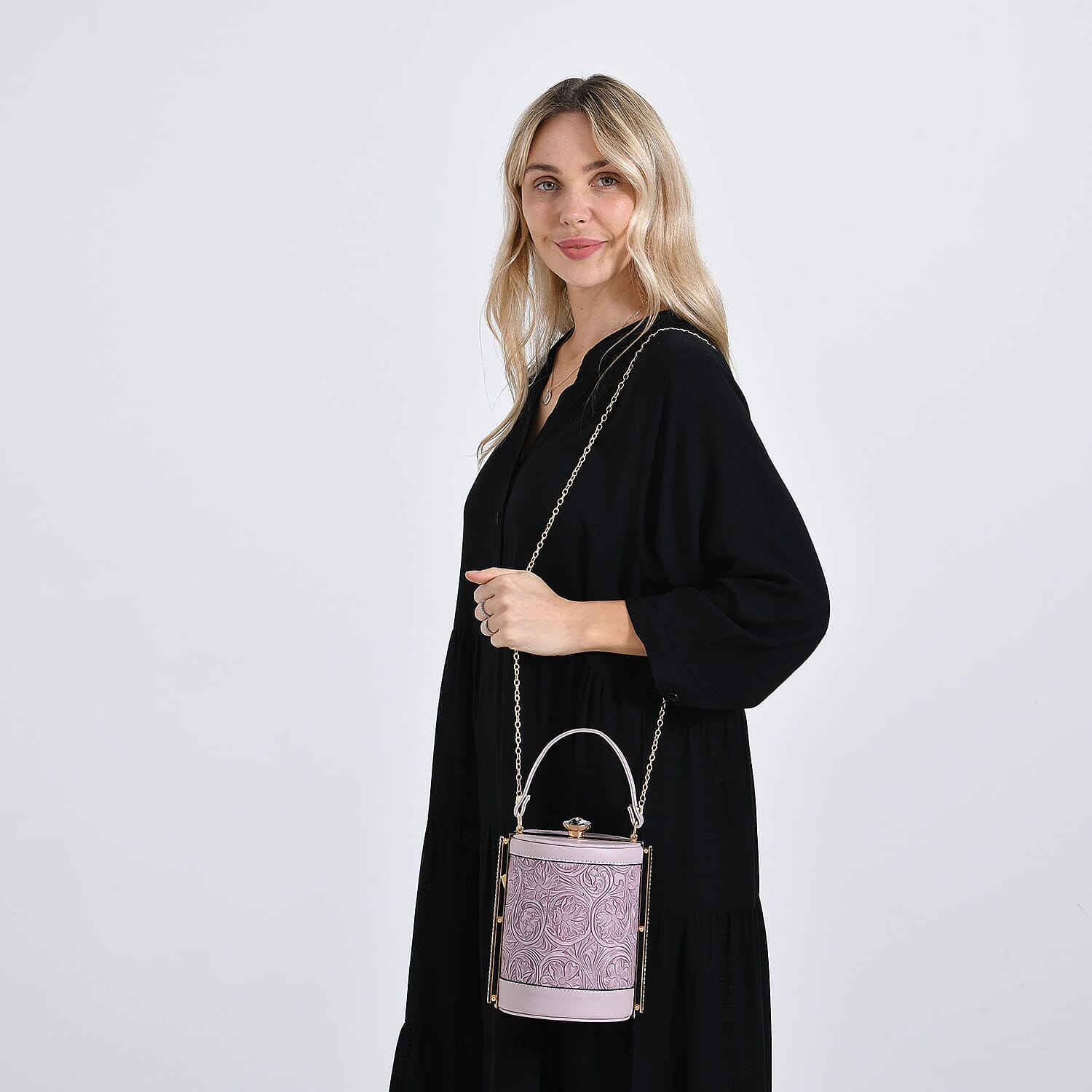 Purple Flower Embossed Faux Leather Cylinder Clutch Bag with Shoulder Strap