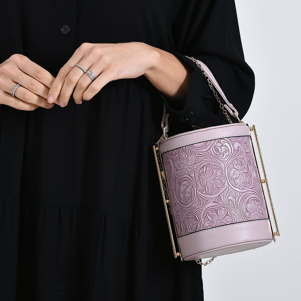  Purple Flower Embossed Faux Leather Cylinder Clutch Bag with Shoulder Strap image number 3