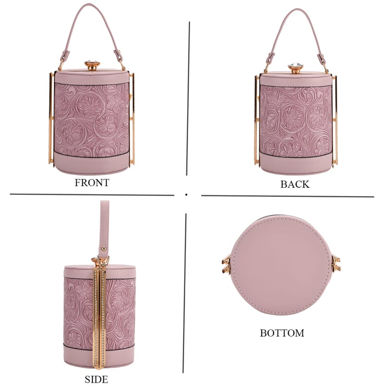 Purple Flower Embossed Faux Leather Cylinder Clutch Bag with Shoulder Strap