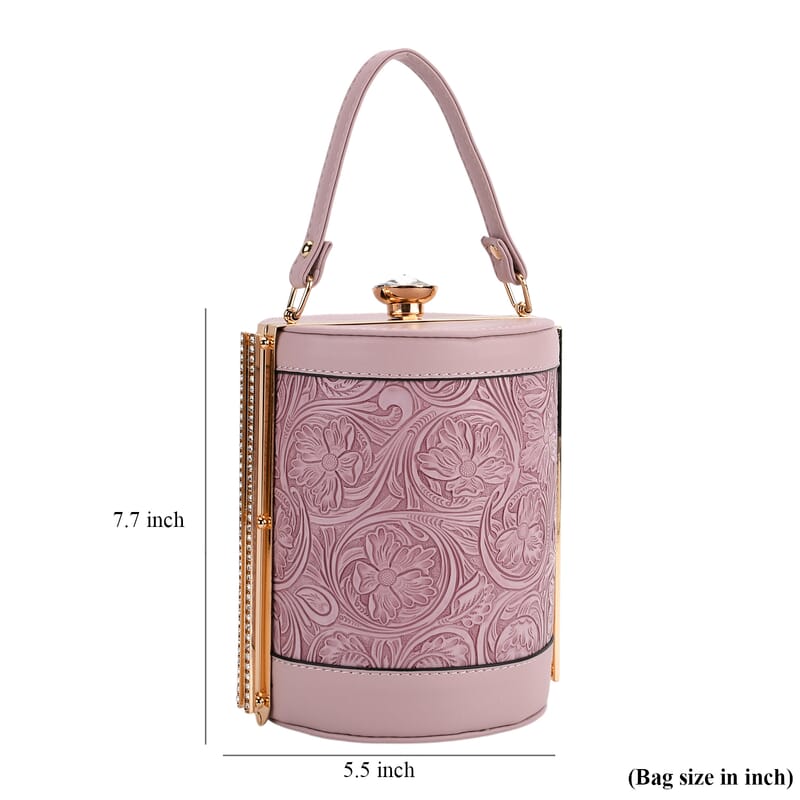 Purple Flower Embossed Faux Leather Cylinder Clutch Bag with Shoulder Strap