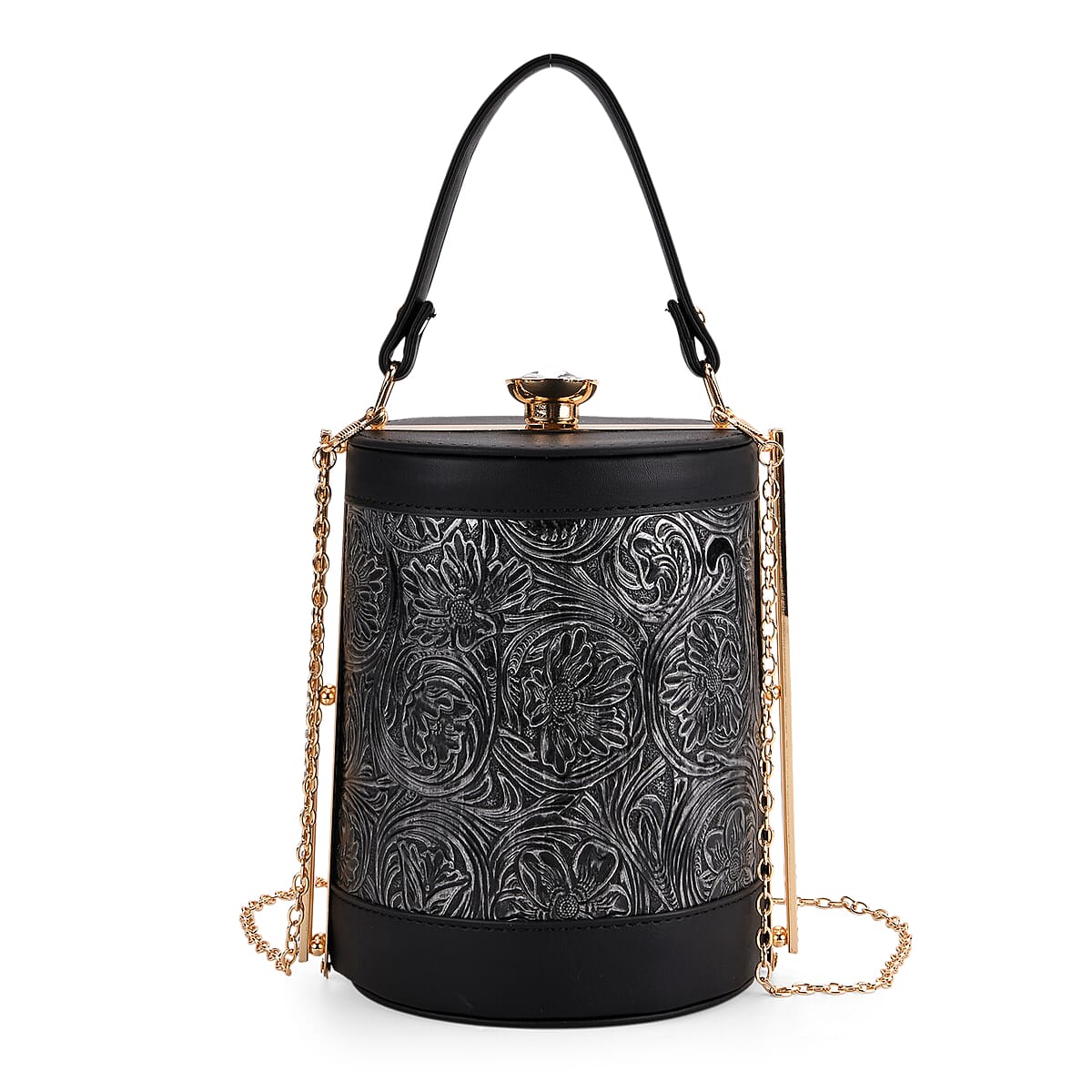  Blue Flower Embossed Faux Leather Cylinder Clutch Bag with Shoulder Strap image number 0