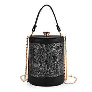  Blue Flower Embossed Faux Leather Cylinder Clutch Bag with Shoulder Strap