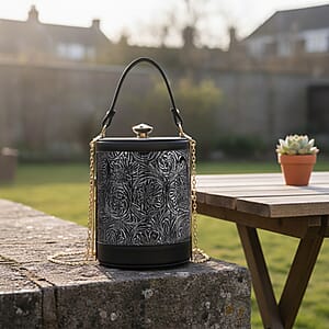  Blue Flower Embossed Faux Leather Cylinder Clutch Bag with Shoulder Strap